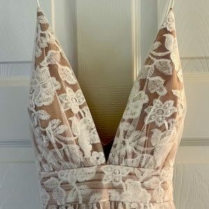 Aidan Mattox nude and white floral wedding dress